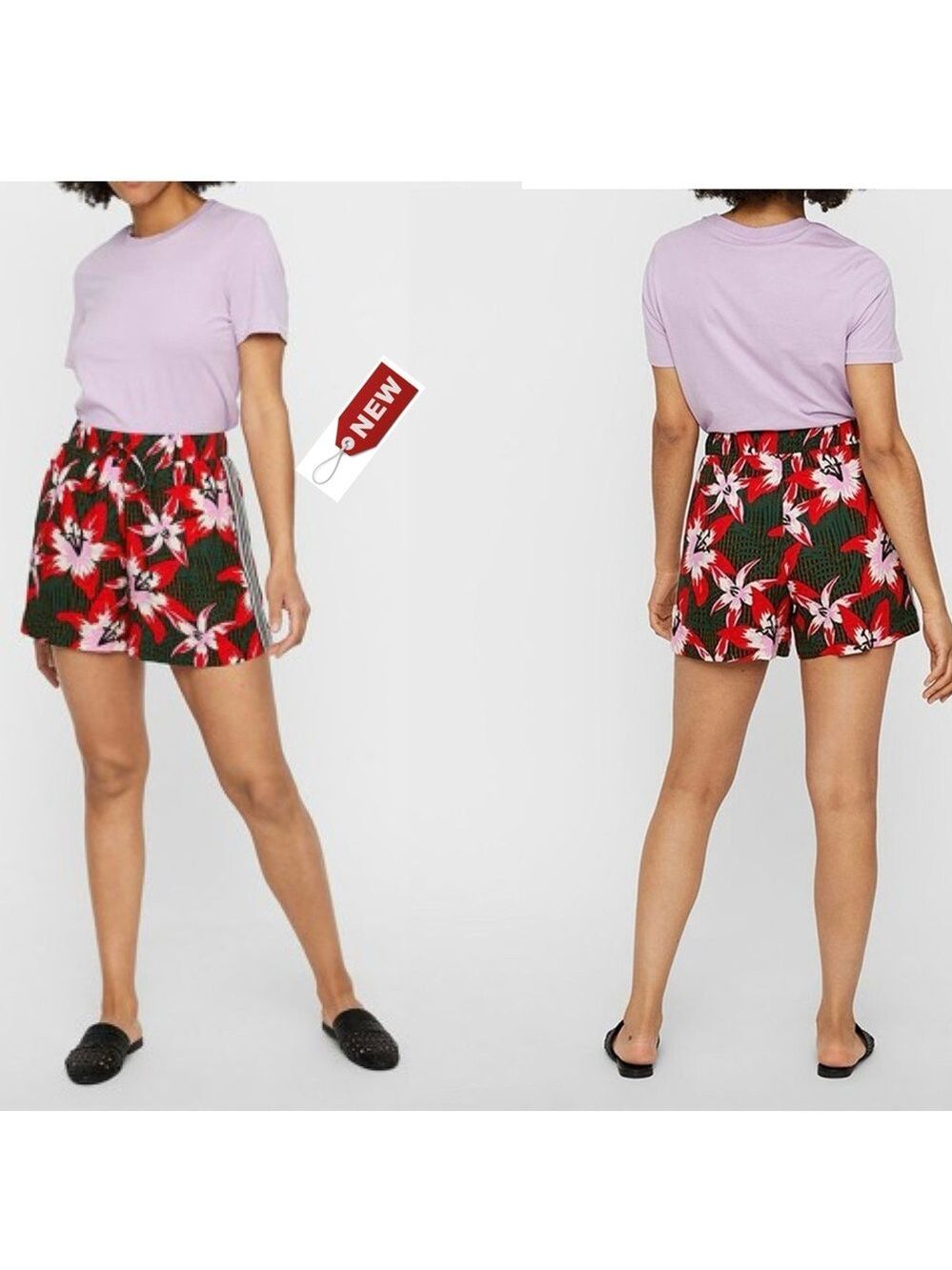 Noisy May multicoloured floral tropical striped drawstring shorts pockets M NWT